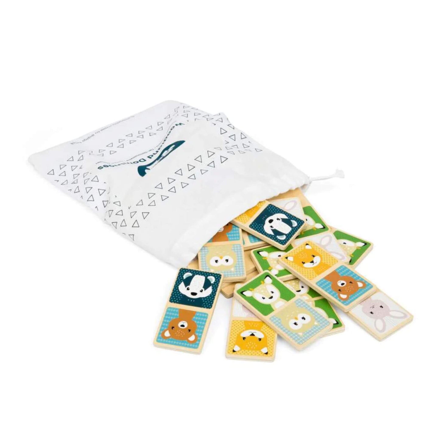 Open drawstring bag with Bigjigs animal dominoes spilling out in a fan shape.