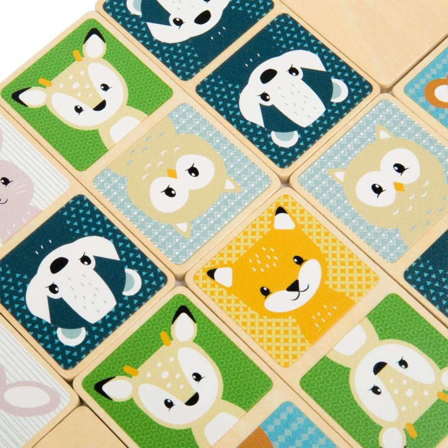 Selection of Bigjigs Toys Woodland Dominoes laid out to show variety of matching animal pairs.