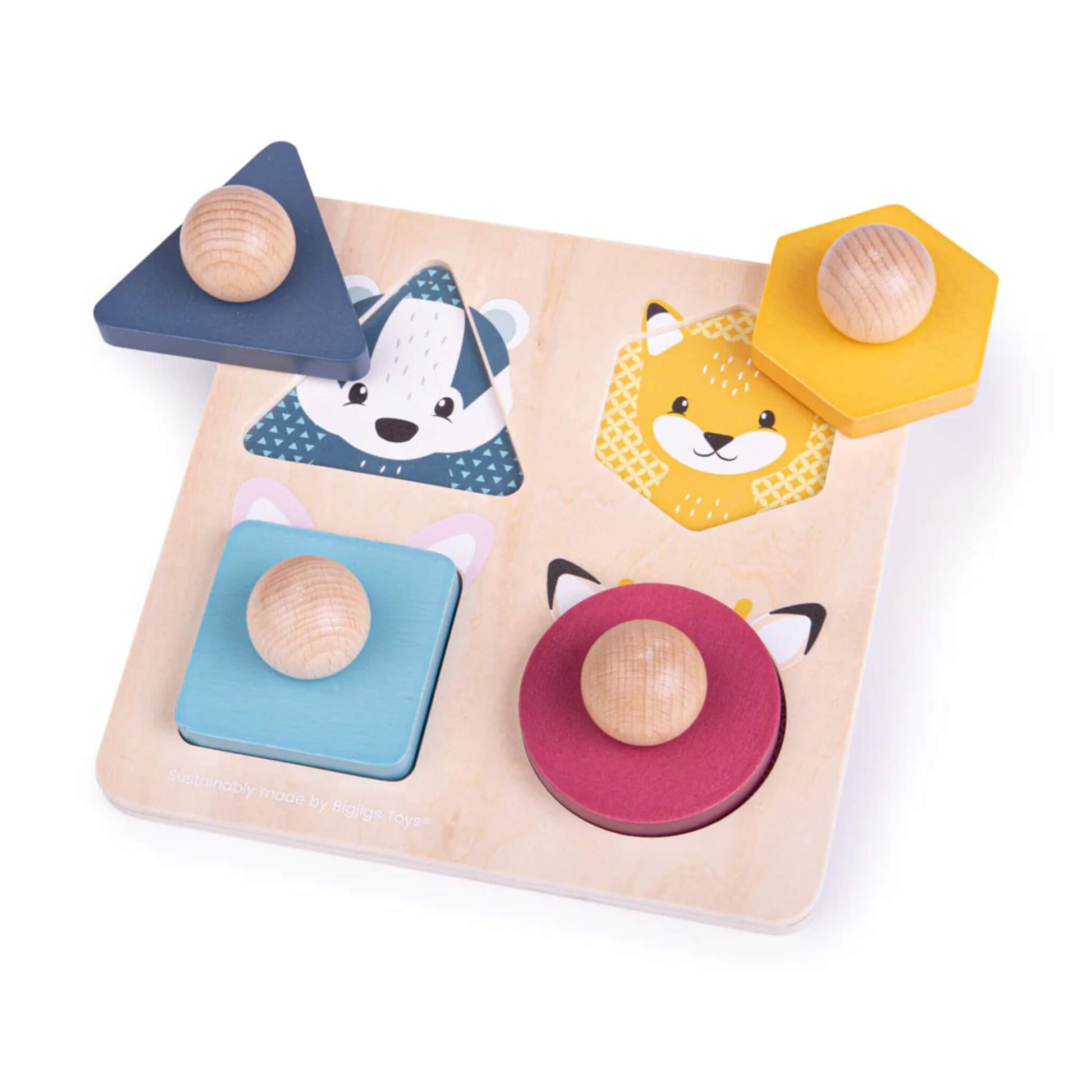 Wooden animal-themed shape puzzle from Bigjigs Toys with colourful pieces and easy-grip knobs.