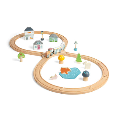  Bigjigs Toys FSC® Certified Woodland Animal Train Set displayed fully assembled with figure-of-eight track, train, trees, animals, buildings, and signs.