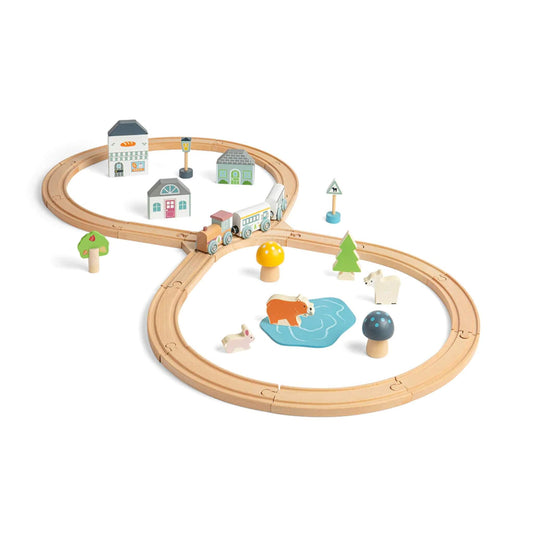  Bigjigs Toys FSC® Certified Woodland Animal Train Set displayed fully assembled with figure-of-eight track, train, trees, animals, buildings, and signs.