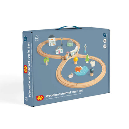 Retail packaging of the Bigjigs Woodland Animal Train Set showing contents and figure-of-eight layout on the front panel.