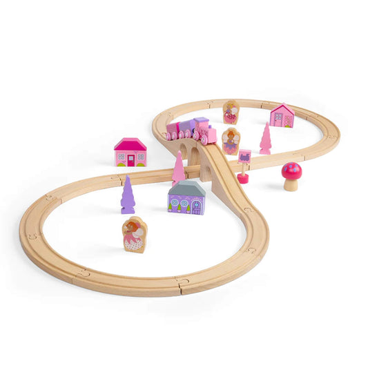 Wooden figure-of-eight track layout with pastel fairy train, houses, fairies, trees, and a raised bridge from the Bigjigs Toys Fairy Figure of Eight Train Set.