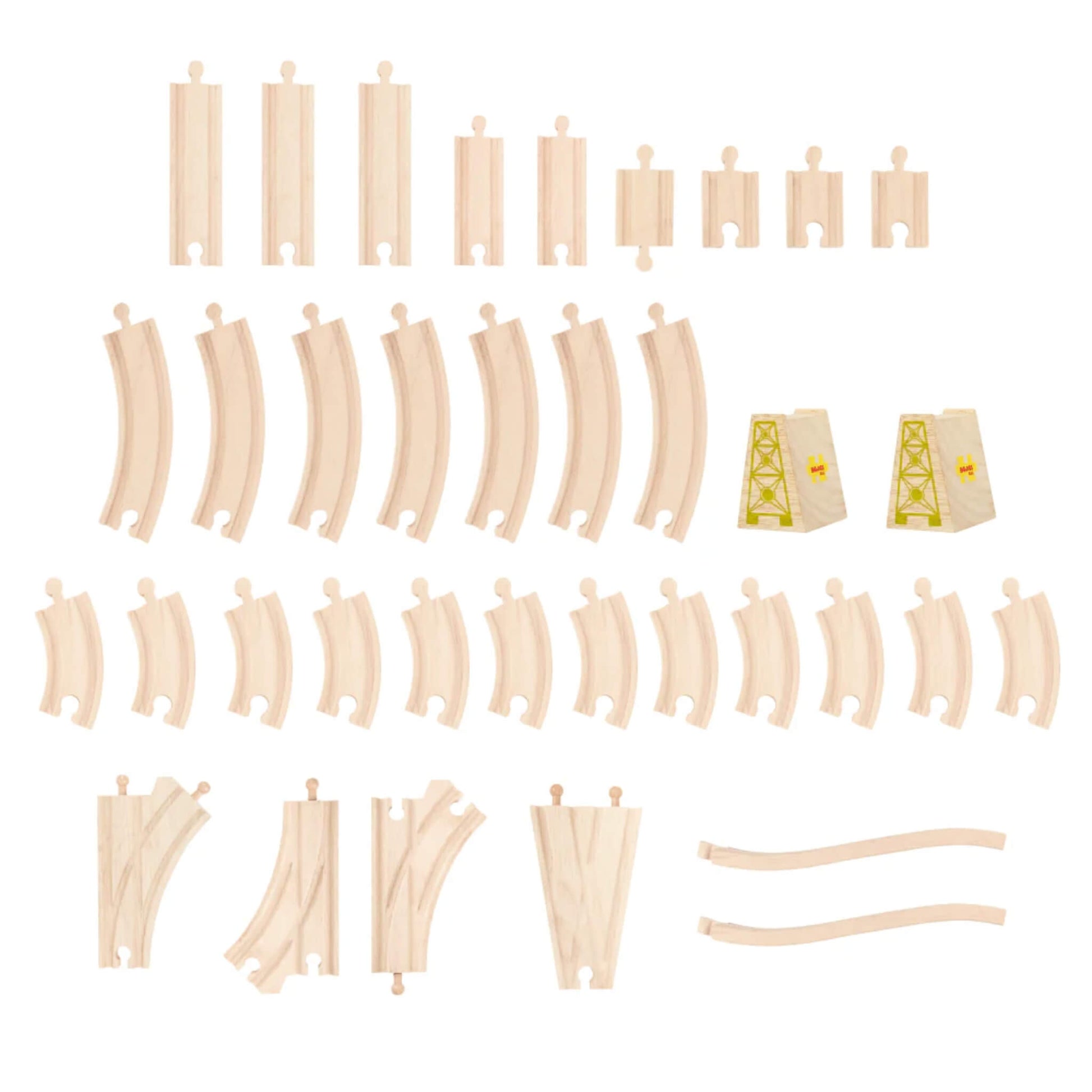 Full layout of wooden train track pieces from the Bigjigs Fairy Town Train Set, including curves, straights, turnouts, and raised supports for bridges.