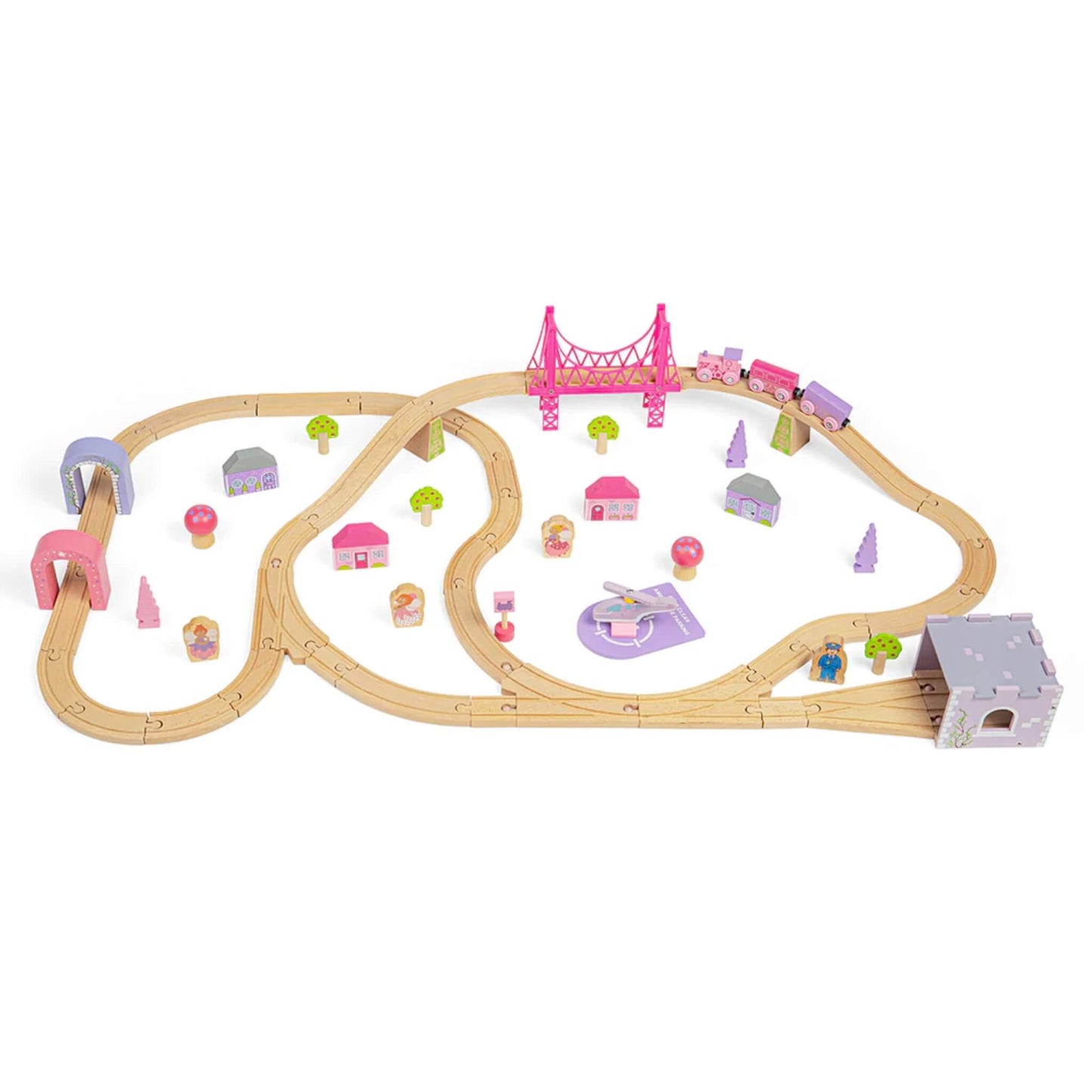 Top-down view of the wooden Fairy Town Train Set with winding track layout, pink and purple buildings, fairies, trees, and a bright pink suspension bridge.