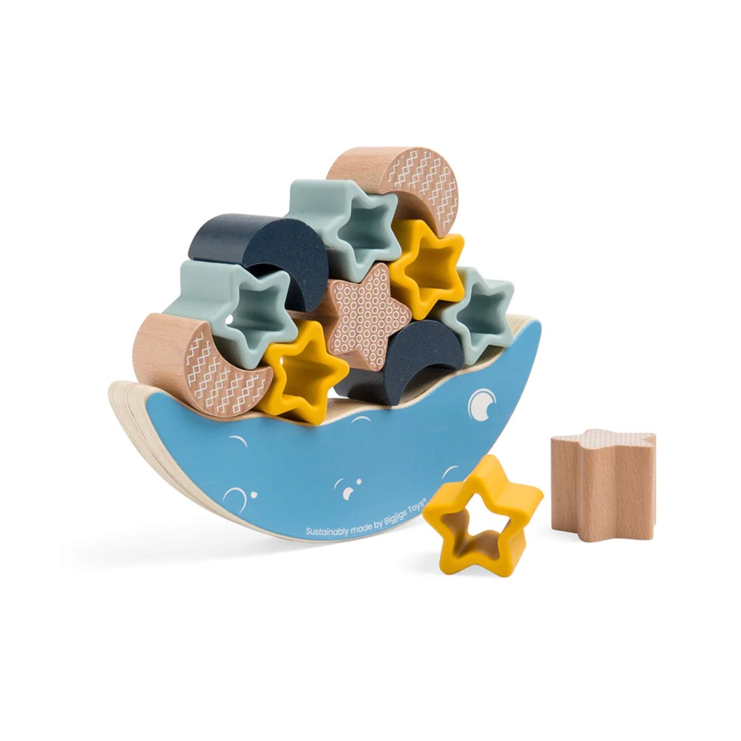 Bigjigs Toys FSC® Certified Moon Balance Stacker with a blue wooden moon base stacked high with pastel silicone stars and wooden crescent shapes.