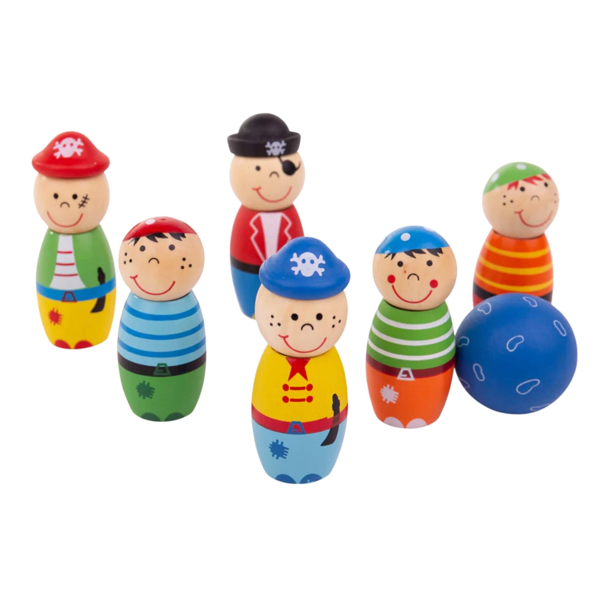 Bigjigs Toys Pirate Skittles set featuring six colourful wooden pirate characters and a blue bowling ball, designed for fun, active indoor play.