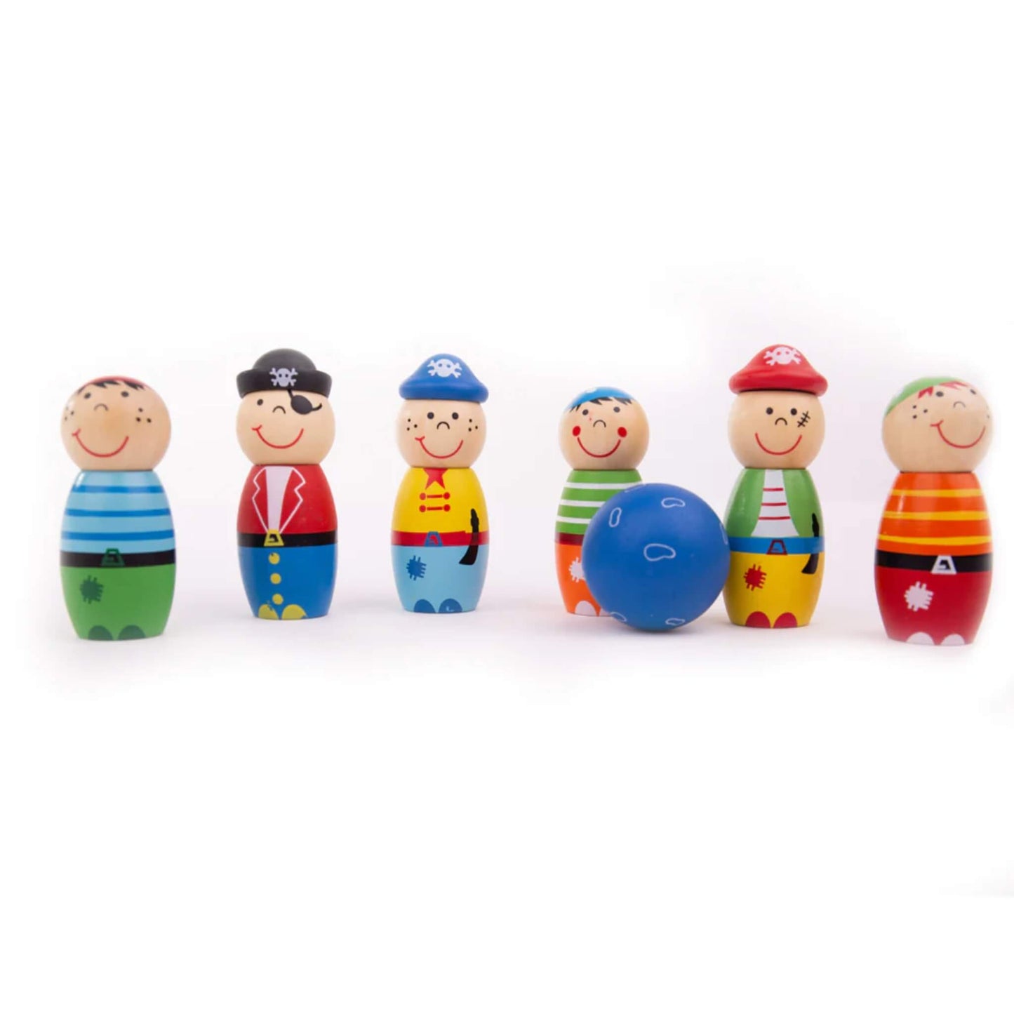 All six wooden pirate skittles with a bowling ball, positioned in a row for a game of tabletop skittles.
