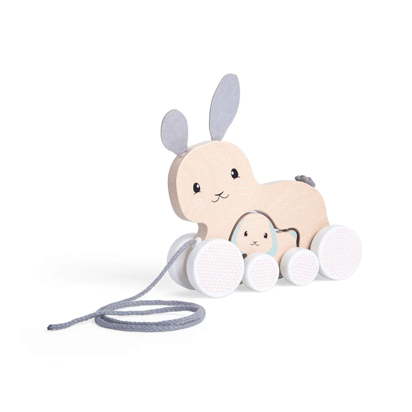 Side view of the Bigjigs pull along bunny toy with baby bunny nested underneath, showing soft felt ears and matching wheels.