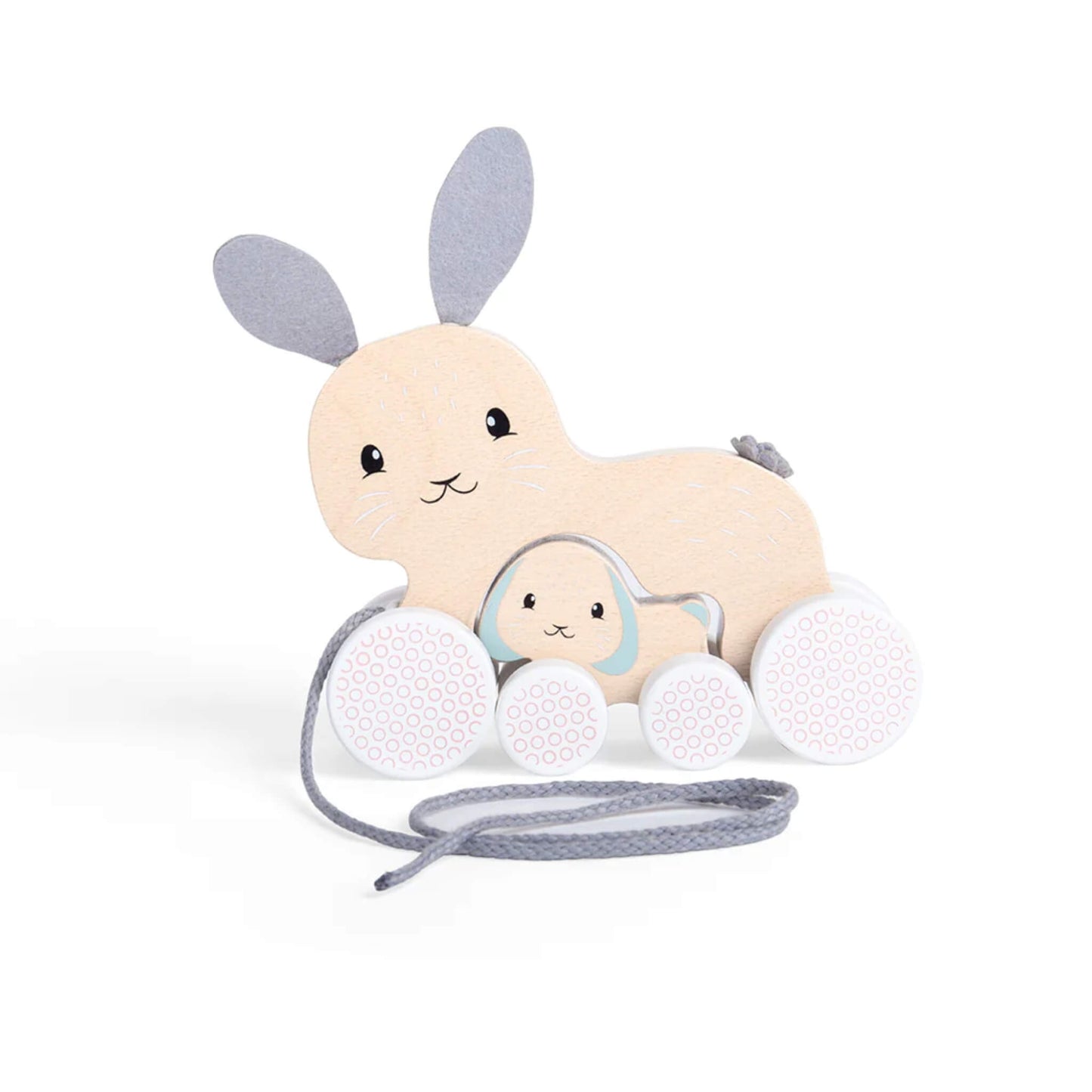 Front view of Mummy Bunny and Baby Bunny together, with patterned wheels and pull cord clearly visible.