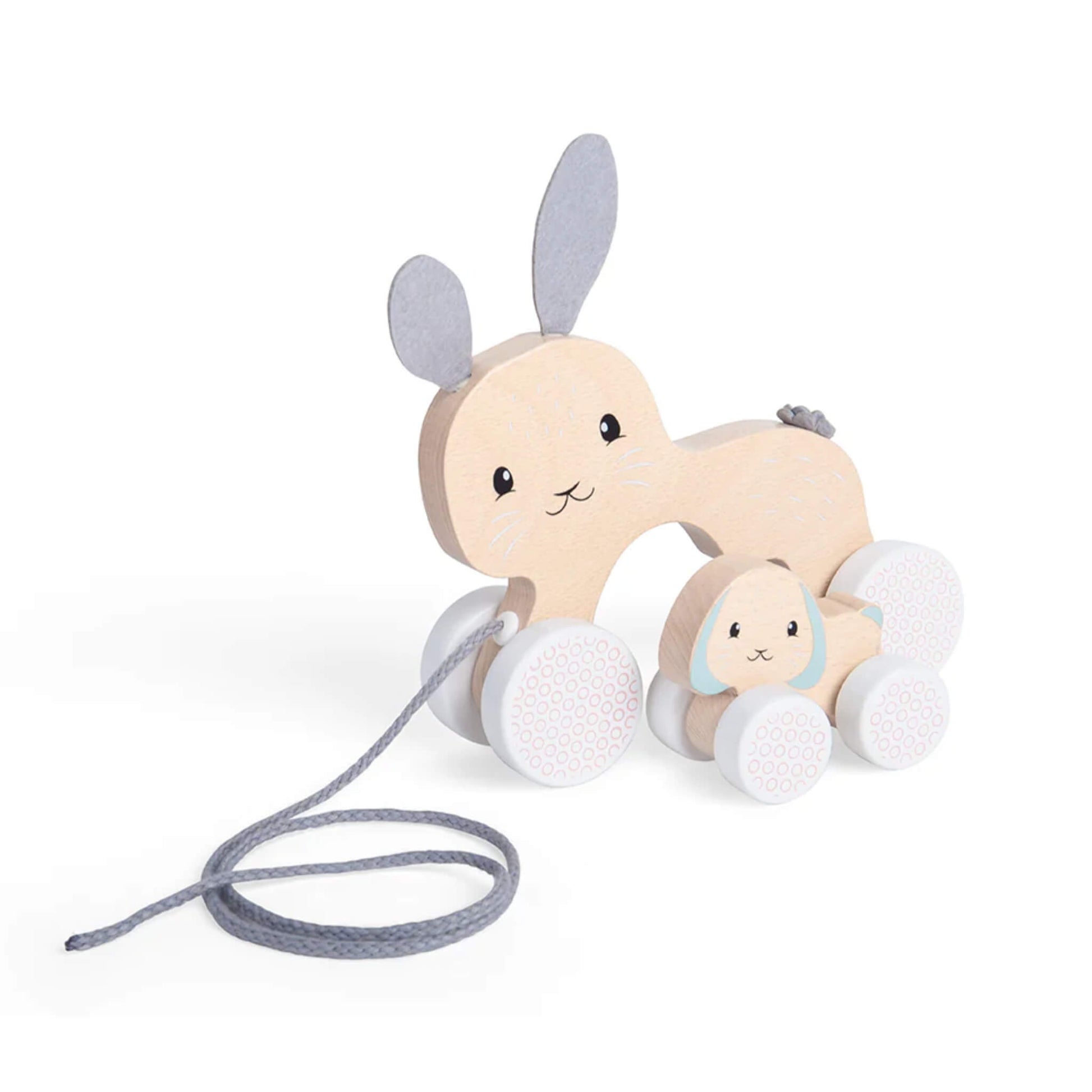 Angled shot of both bunny toys connected, with the pull cord looped and the felt detailing clearly visible.