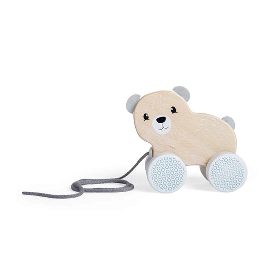 A wooden Bigjigs Toys FSC® Certified Pull Along Bear shown on a white background with a grey pull cord and soft felt ears.
