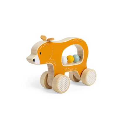 Bigjigs Toys FSC® Certified Push Along Bear in orange with white wheels and three colourful beads inside its belly, shown against a plain background.