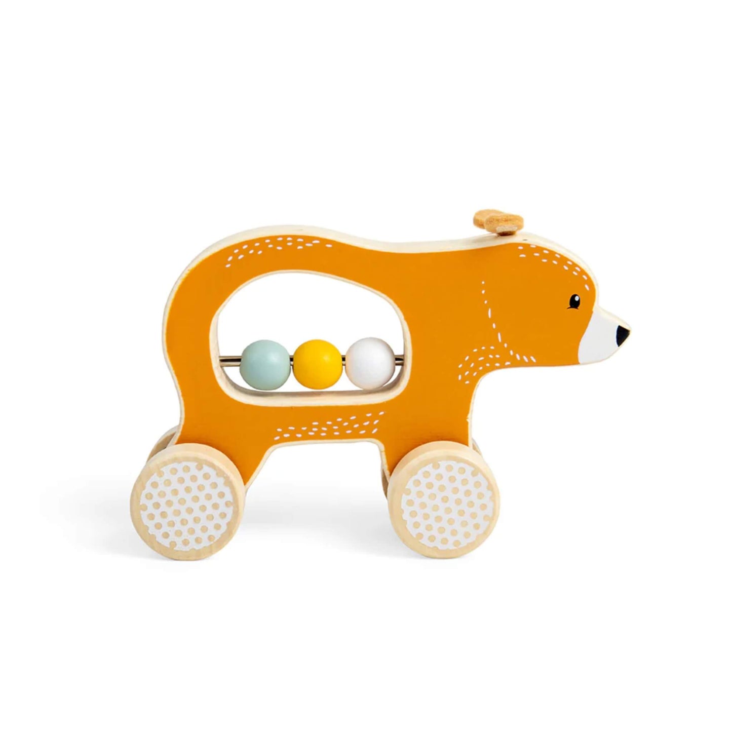 Side profile of the Push Along Bear toy showing its smooth wooden shape, decorative white markings, and pastel beads in the centre bar.