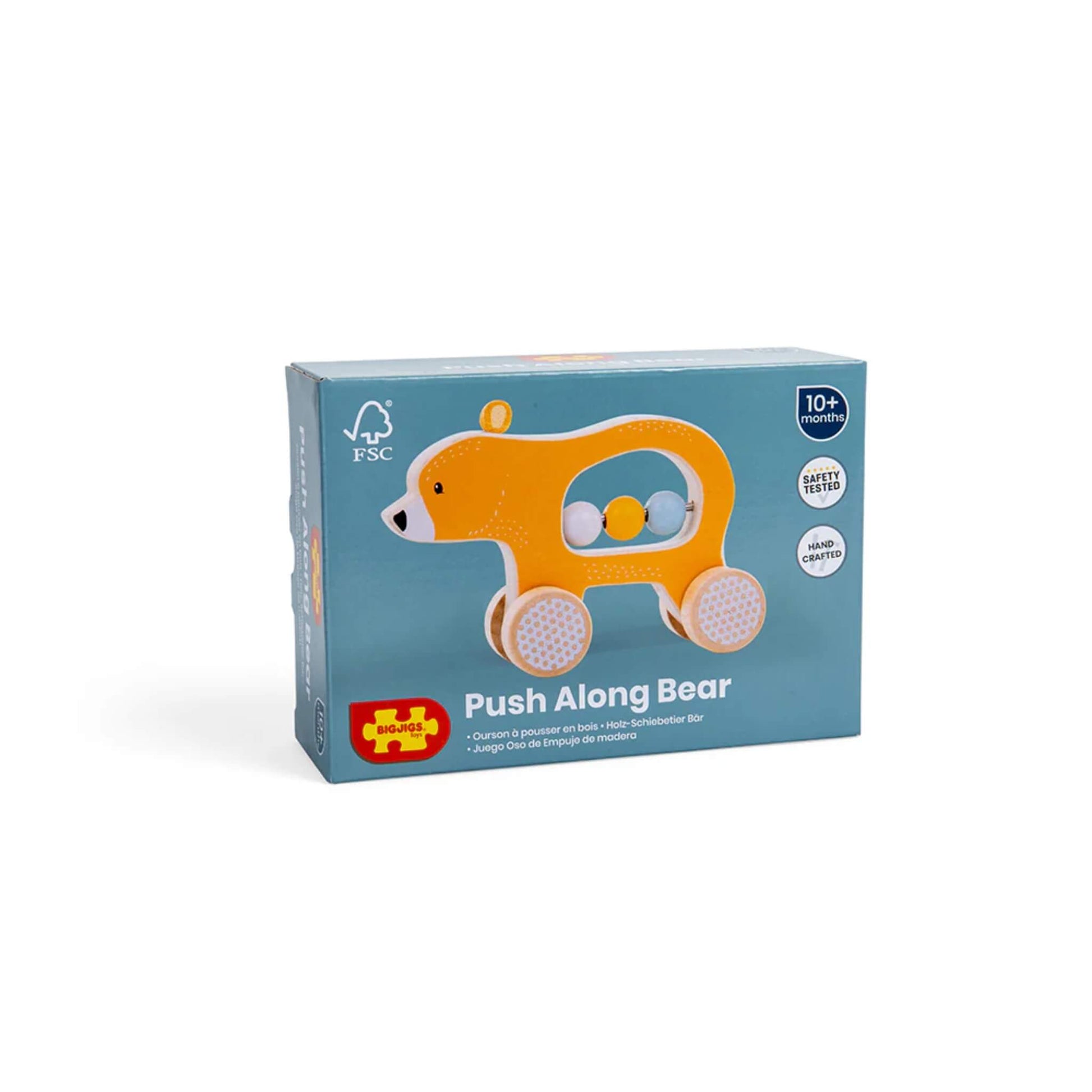 Retail packaging for the Bigjigs Toys Push Along Bear, featuring product imagery.