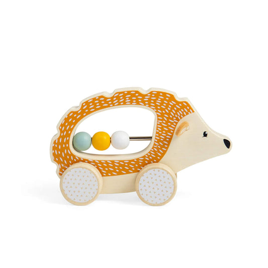 Bigjigs Toys FSC® Certified Push Along Hedgehog with orange detailing and pastel counting beads, shown side-on against a plain white background.
