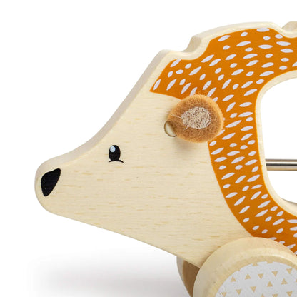 Side view of the hedgehog’s face with felt ear and hand-painted eye, showing detailed wood grain and orange painted quills.