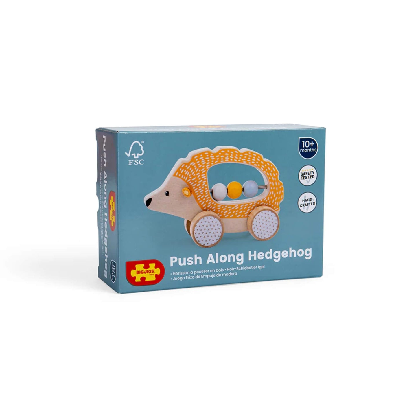 Retail packaging for the Bigjigs Toys Push Along Hedgehog, displaying the toy, FSC® logo, and age suitability for 10+ months.