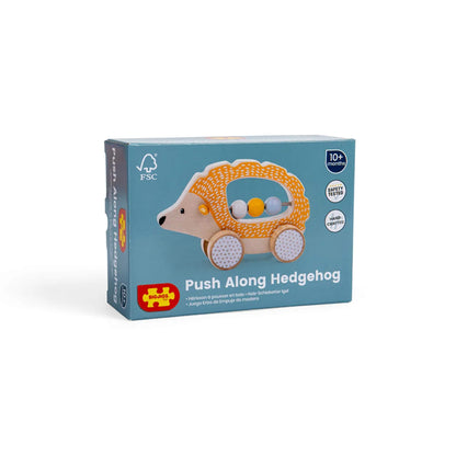 Retail packaging for the Bigjigs Toys Push Along Hedgehog, displaying the toy, FSC® logo, and age suitability for 10+ months.
