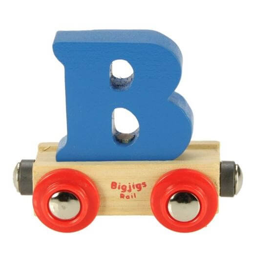 Blue wooden rail name letter B, set upon a wooden carriage.