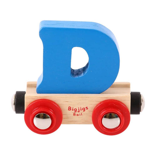Blue wooden rail name letter D, set upon a wooden carriage.