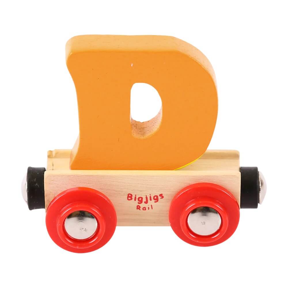 Orange wooden rail name letter D, set upon a wooden carriage.