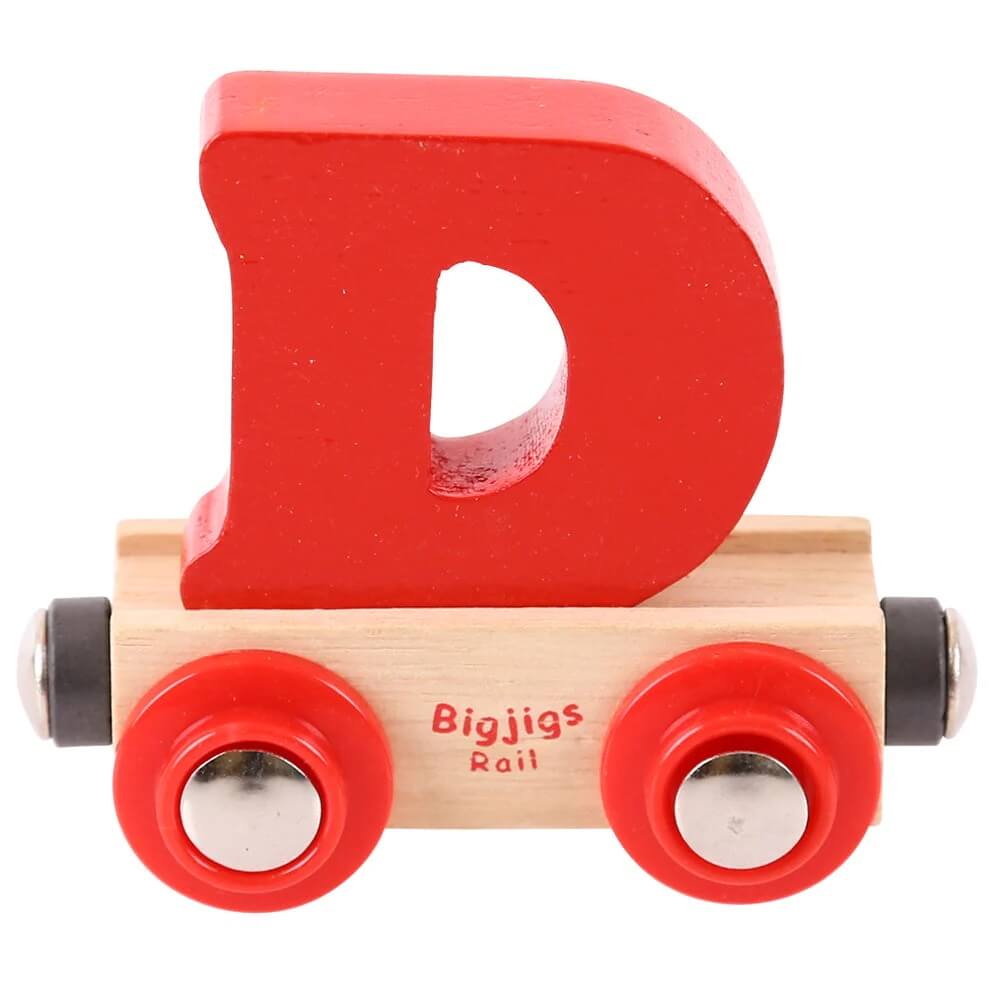 Red wooden rail name letter D, set upon a wooden carriage.