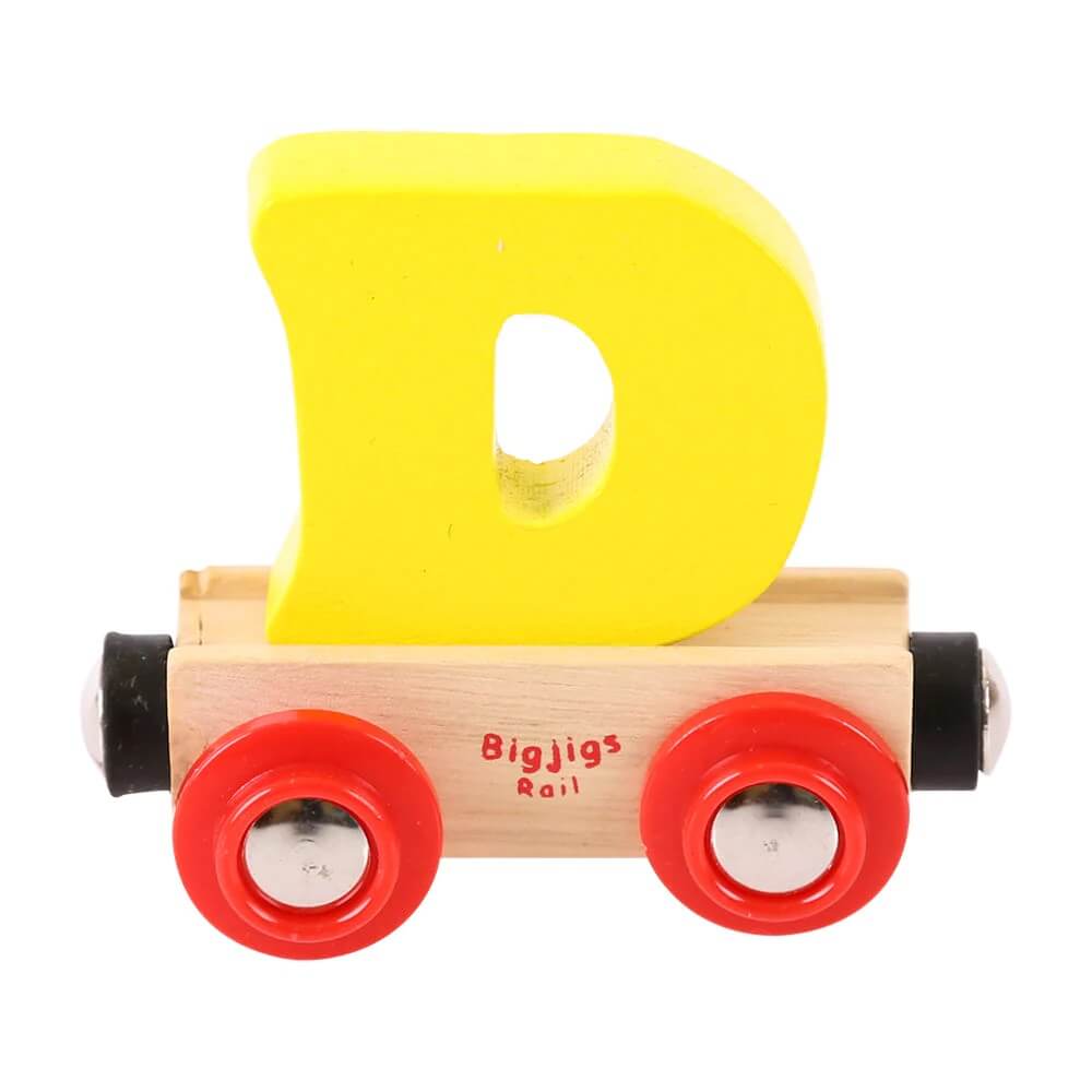 Yellow wooden rail name letter D, set upon a wooden carriage.