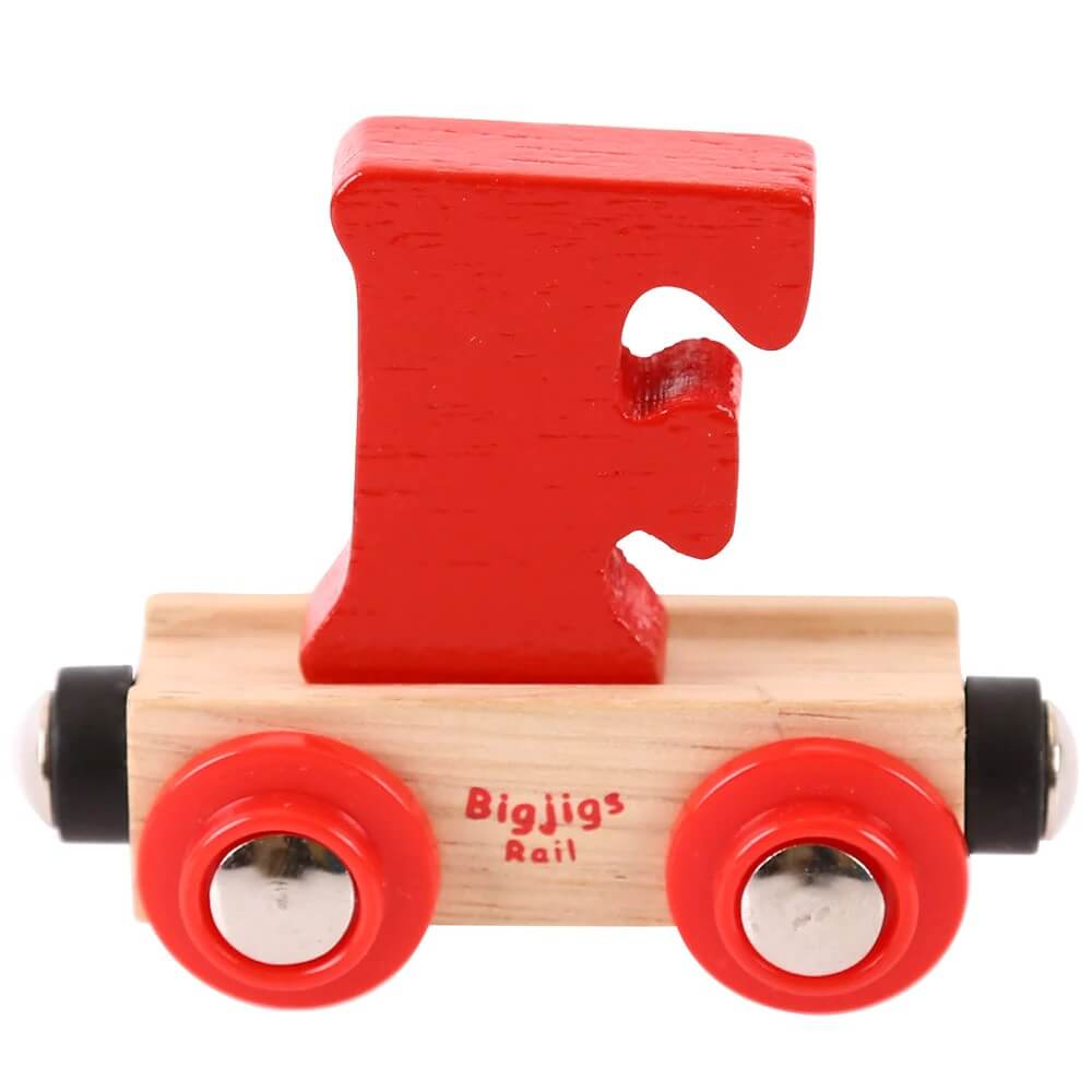 Red wooden rail name letter F, set upon a wooden carriage.