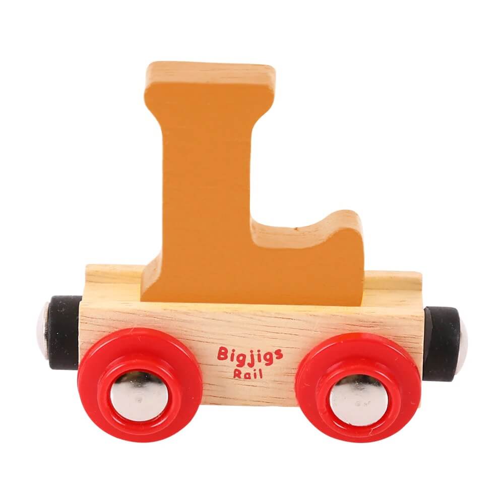 Orange wooden rail name letter L set upon a wooden carriage.
