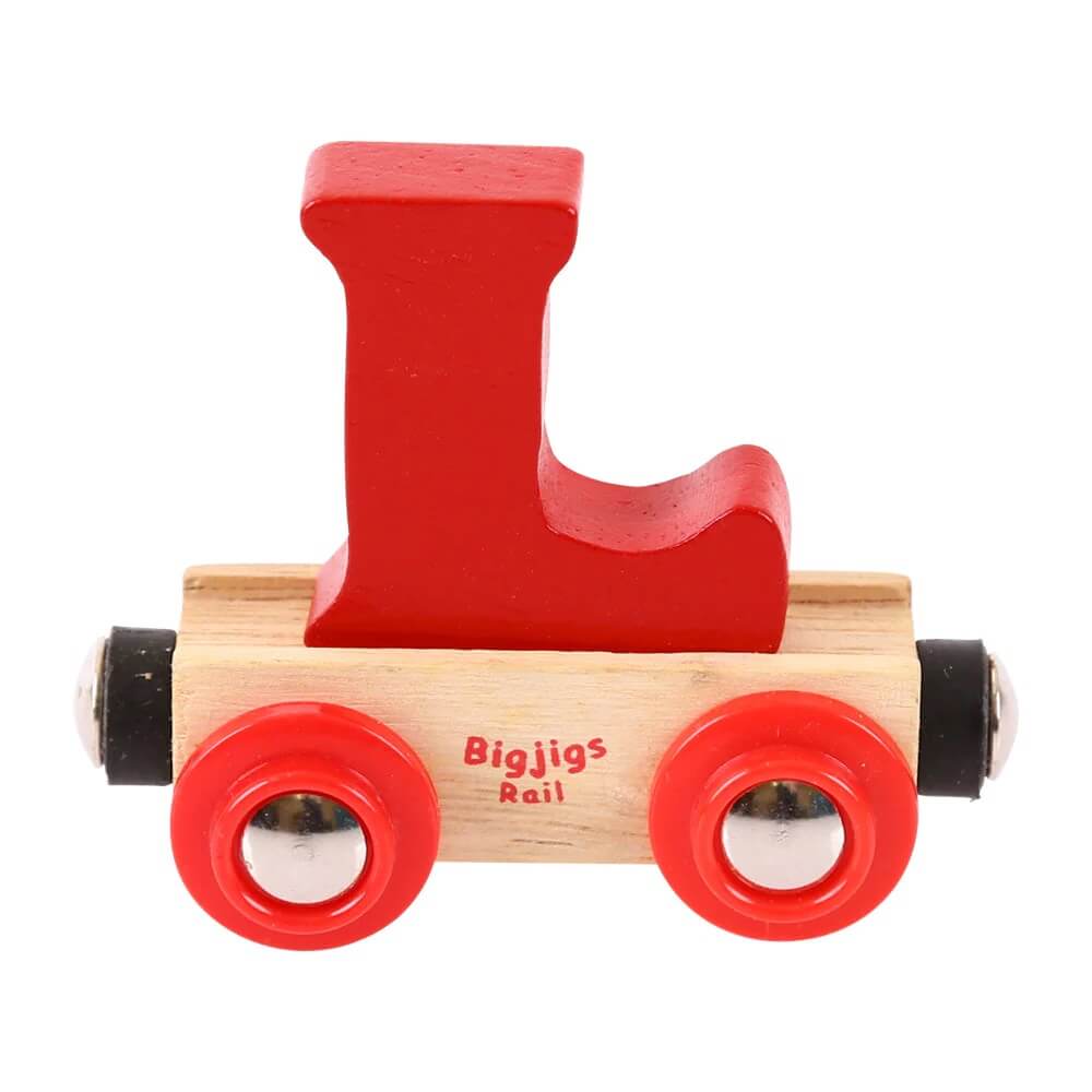 A wooden toy train carriage with a bright red letter 'L' on it, on a light white background.