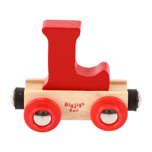A wooden toy train carriage with a bright red letter 'L' on it, on a light white background.