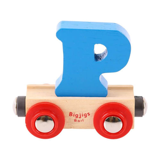 A wooden train carriage with a brightly colored blue 'P' letter and red wheels, labeled 'Bigjigs Rail'.