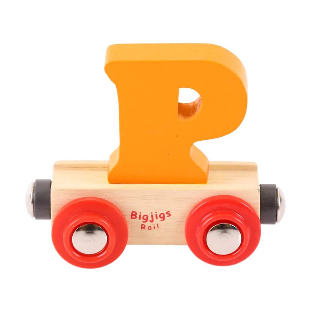 Orange wooden rail name letter P, set upon a wooden carriage.