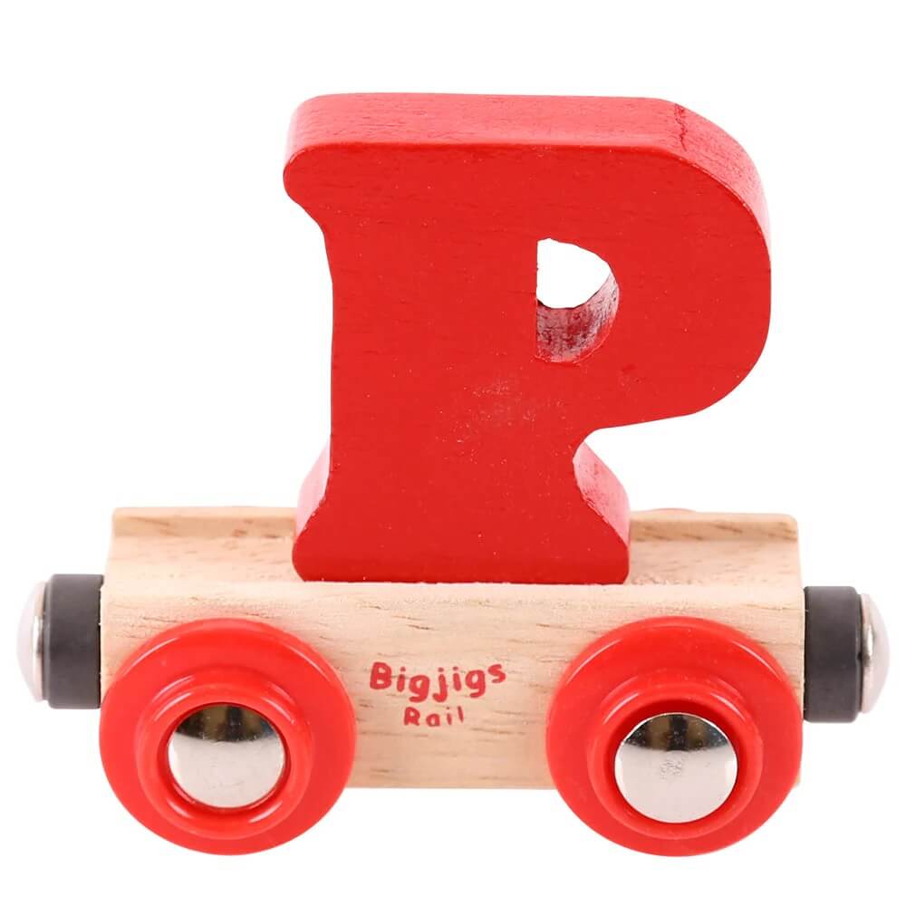 Red wooden rail name letter P, set upon a wooden carriage.