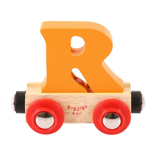 A wooden train carriage with a brightly colored orange letter 'R' on top and red wheels, labeled with 'Bigjigs Rail'.