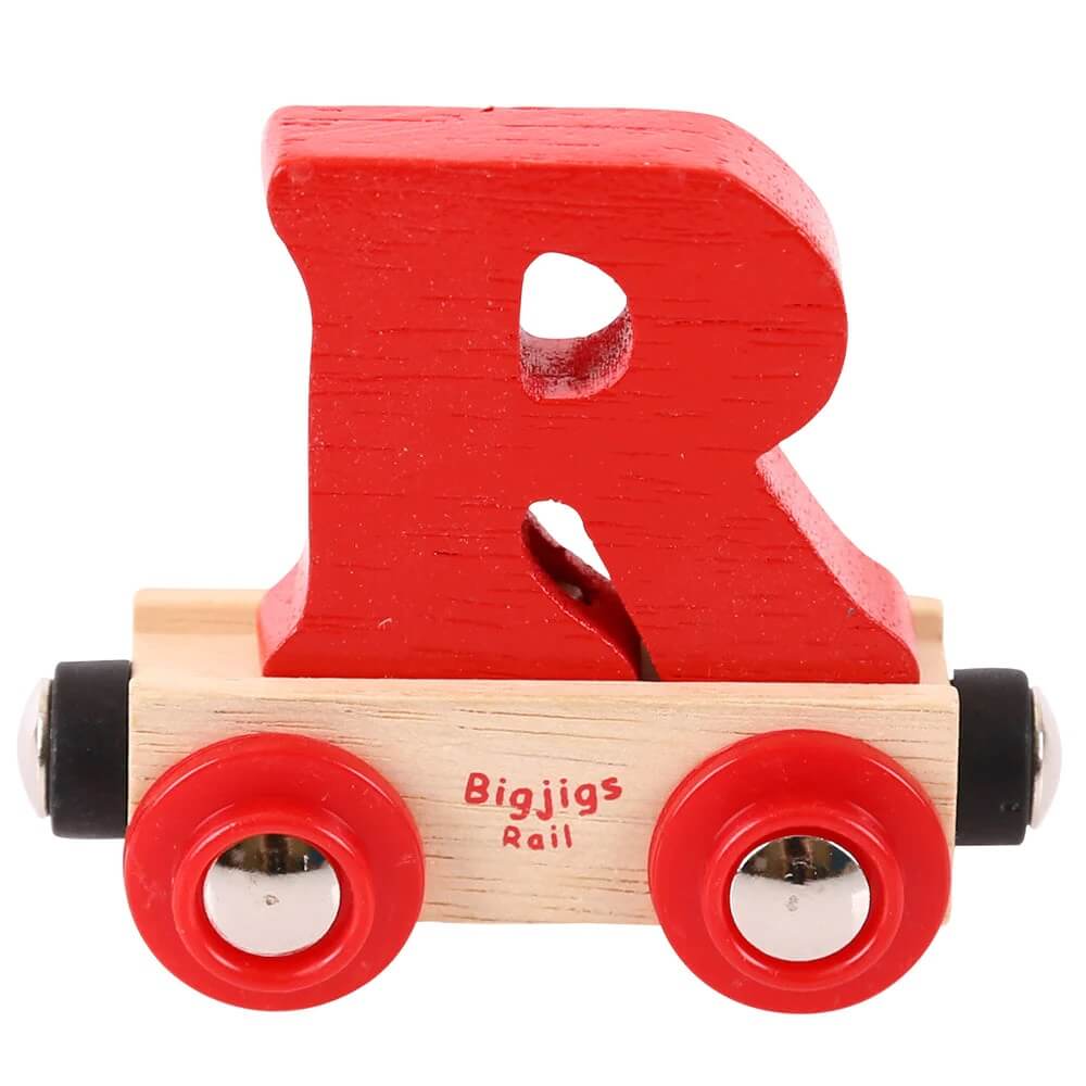 Red wooden rail name letter R, set upon a wooden carriage.