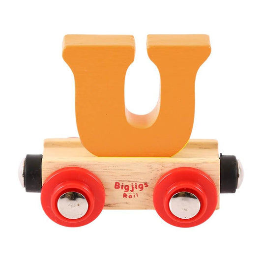 A wooden train carriage with a brightly coloured yellow 'U' shaped letter attached to it, branded with the Bigjigs Rail logo.