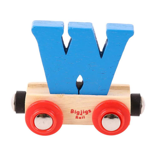 A wooden train carriage with a blue 'W' letter and red wheels, part of the Bigjigs Rail collection.