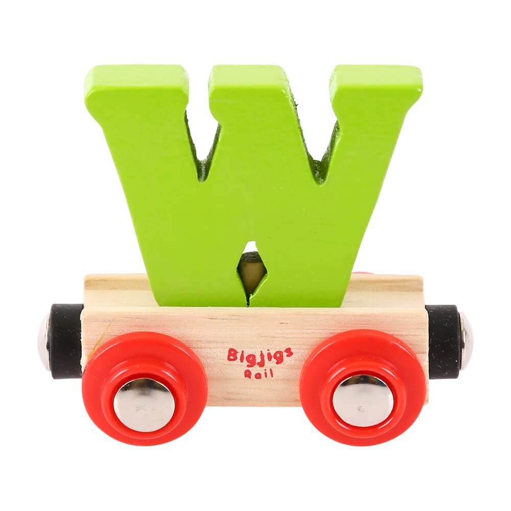 Green wooden rail name letter W, set upon a wooden carriage.