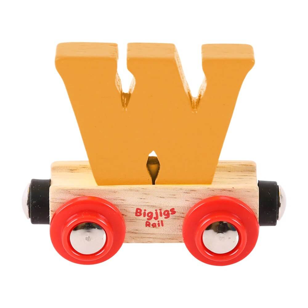 Orange wooden rail name letter W, set upon a wooden carriage.