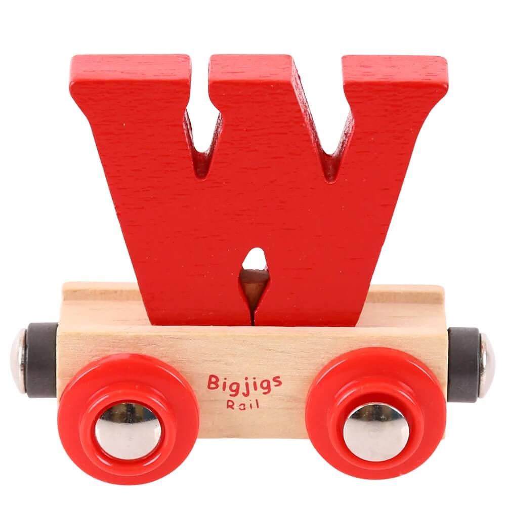 Red wooden rail name letter W, set upon a wooden carriage.