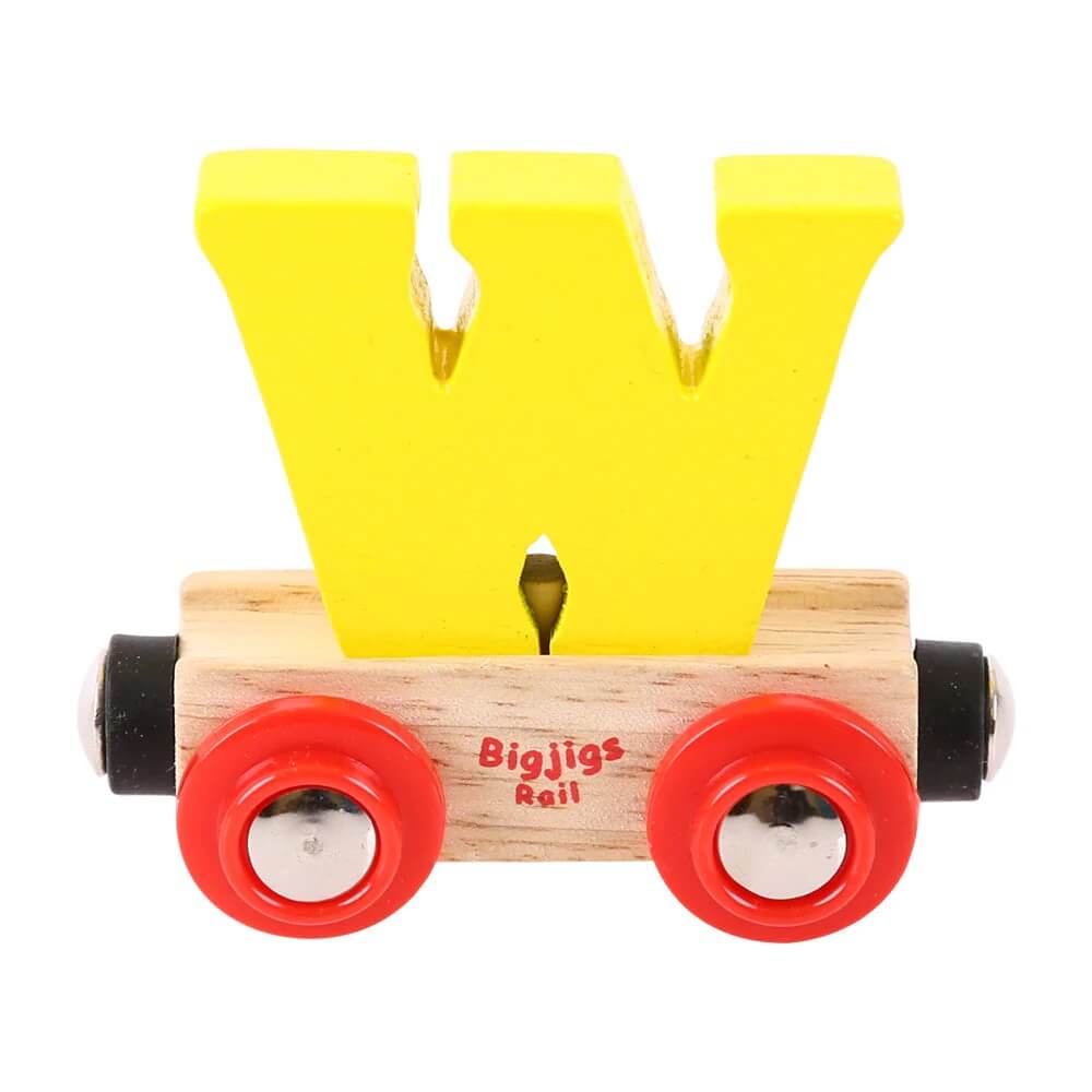 Yellow wooden rail name letter W, set upon a wooden carriage.