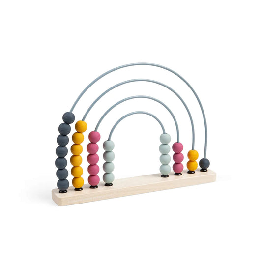 A softly coloured Bigjigs Toys Rainbow Abacus with silicone beads on blue metal arches and a wooden base, shown front-facing.