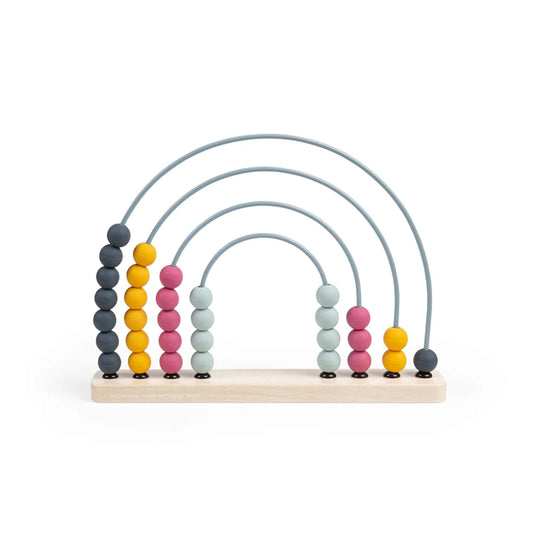 Side angle of the Rainbow Abacus, showing four curved metal arches and silicone beads in mustard, rose, mint, and navy.
