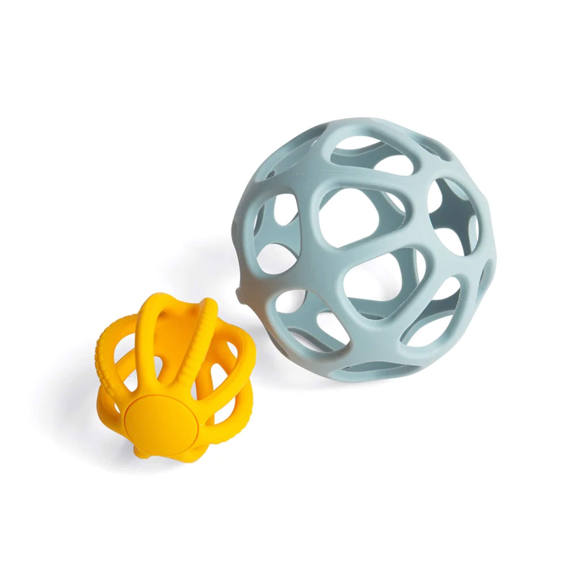 Bigjigs Toys Activity Balls set shown apart, with the soft yellow teething ball and larger blue open-structure ball side by side.