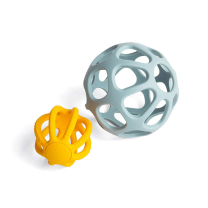 Bigjigs Toys Activity Balls set shown apart, with the soft yellow teething ball and larger blue open-structure ball side by side.
