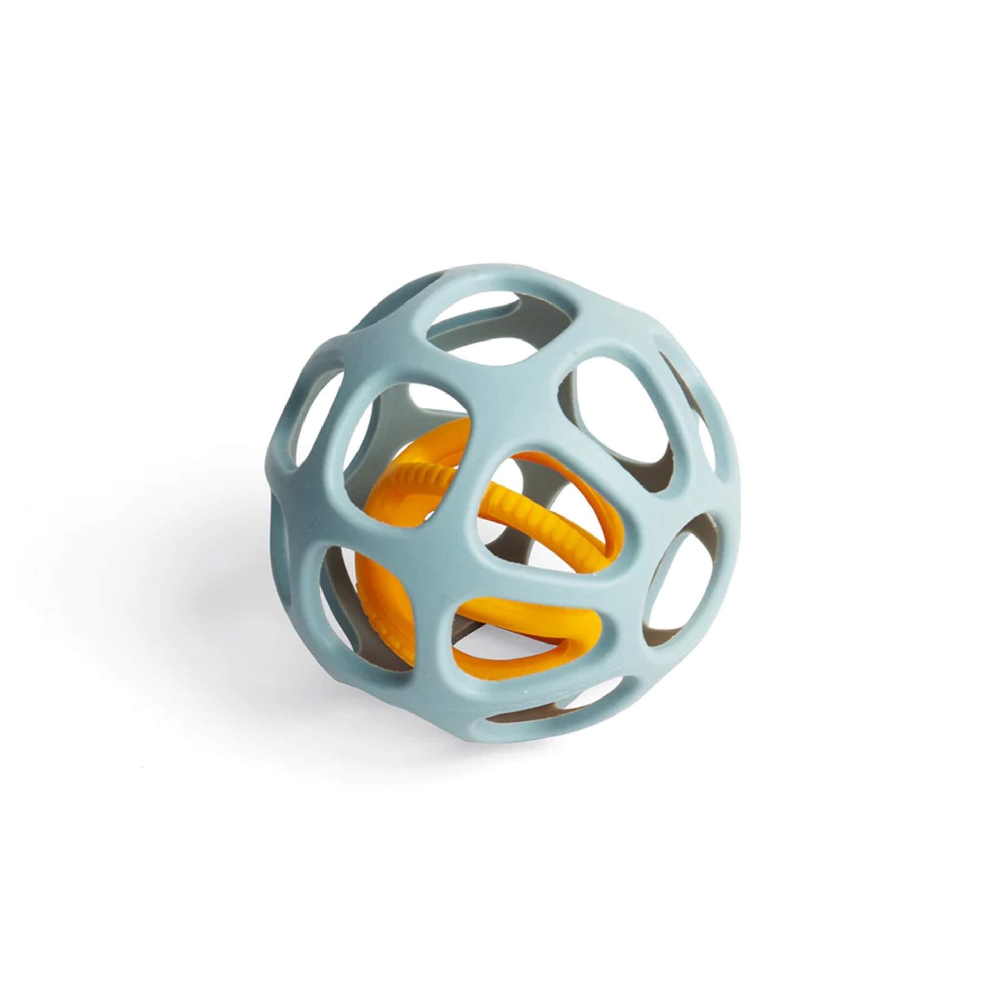 Yellow teething ball nested inside the larger grey sensory ball from the Bigjigs Toys Activity Balls set.