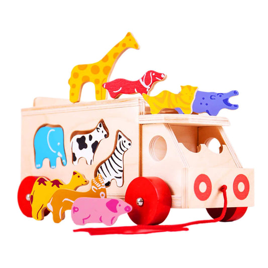 Wooden animal lorry shape sorter from Bigjigs Toys, featuring bright animal pieces like giraffes, elephants, and zebras, designed for shape recognition and imaginative play.