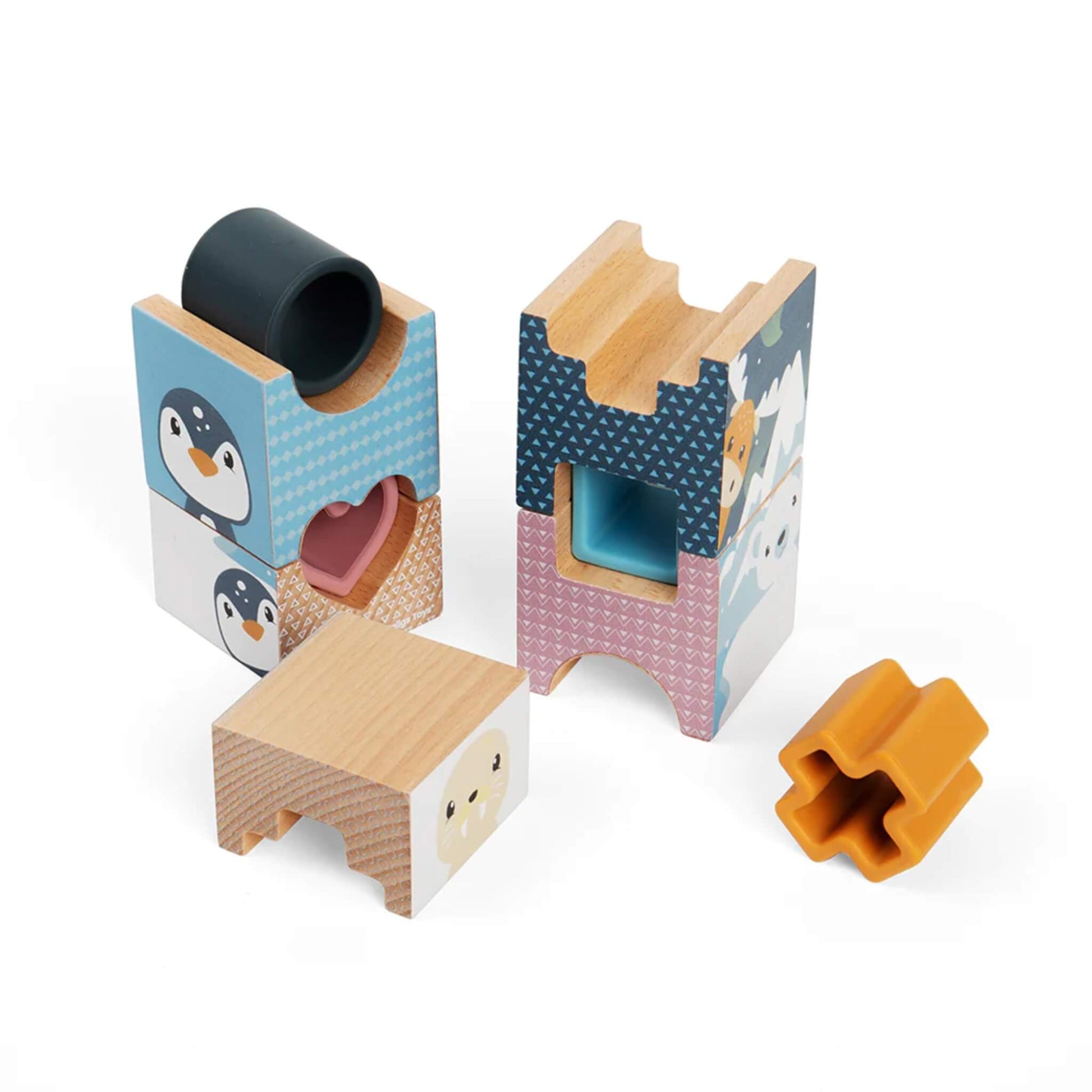 Stacking blocks tower with Arctic animal designs, including penguins, polar bears, and walruses, part of the Bigjigs Toys Arctic Tower Puzzle for early learning and fine motor skill development.